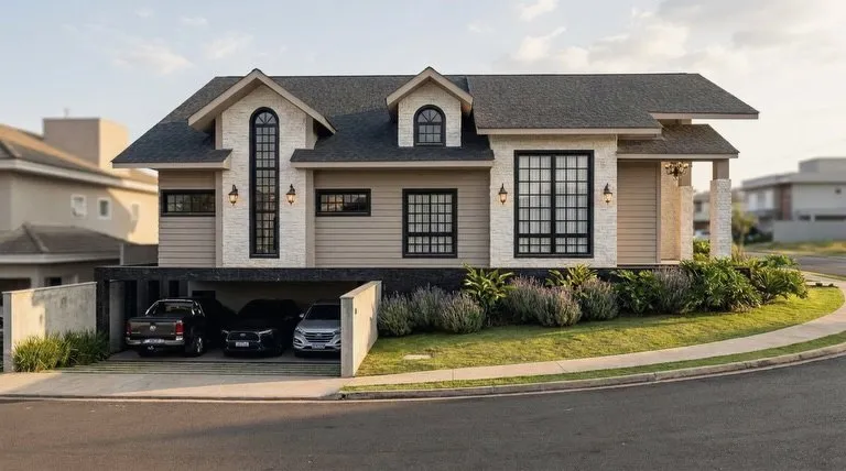 Render de casa com telhado inclinado e janelas pretas